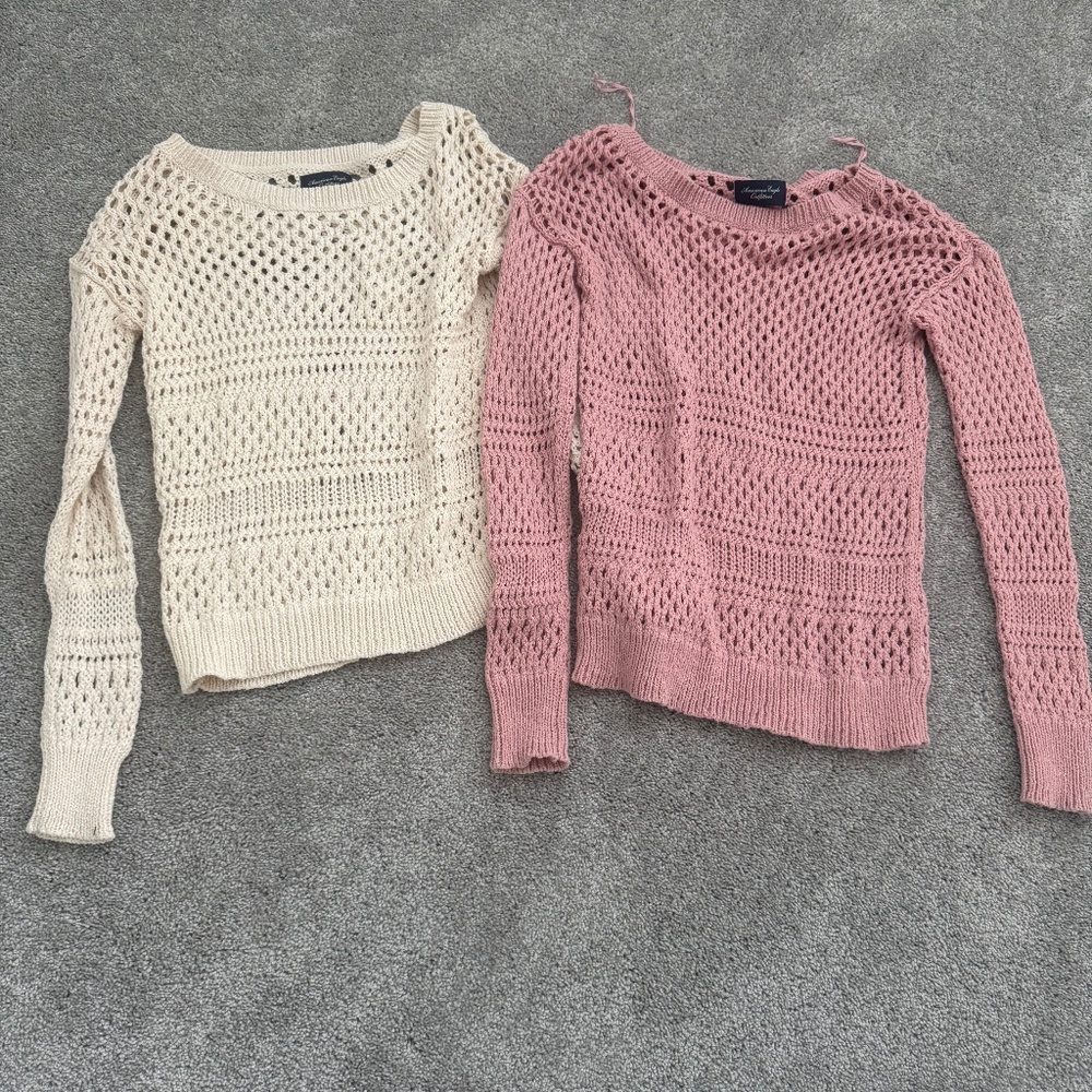 White and pink cable knit sweater